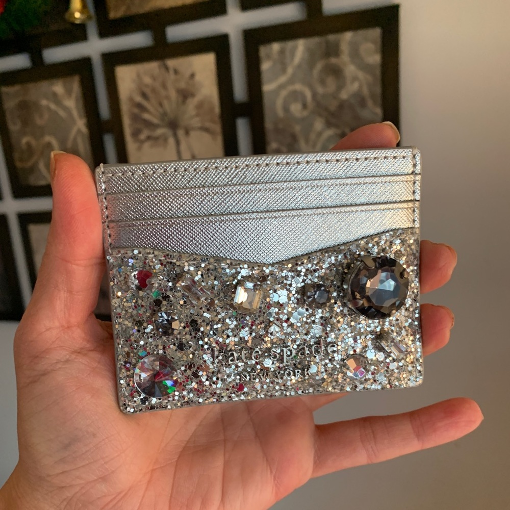 Authentic KATE SPADE Metallic leather/glitter fabric crystals card case - Picture 2 of 11